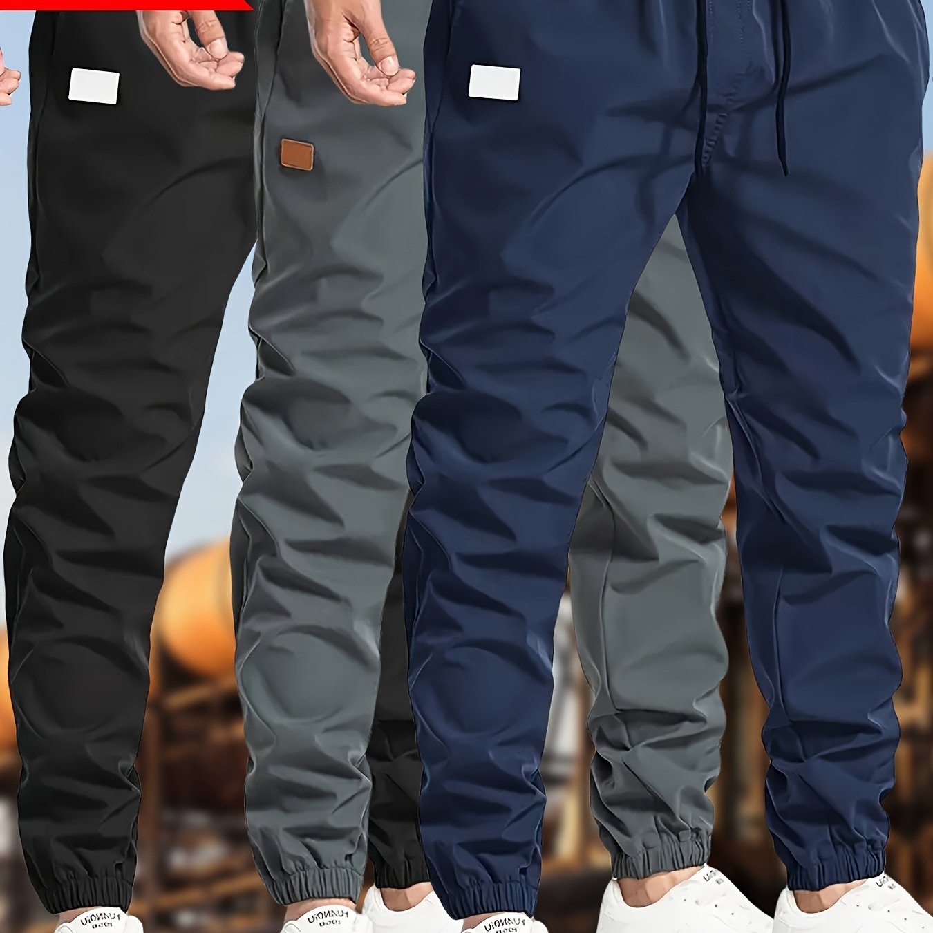 Men's Polyester Drawstring Joggers Casual Cargo Pants in Black Dark Gray Olive Green