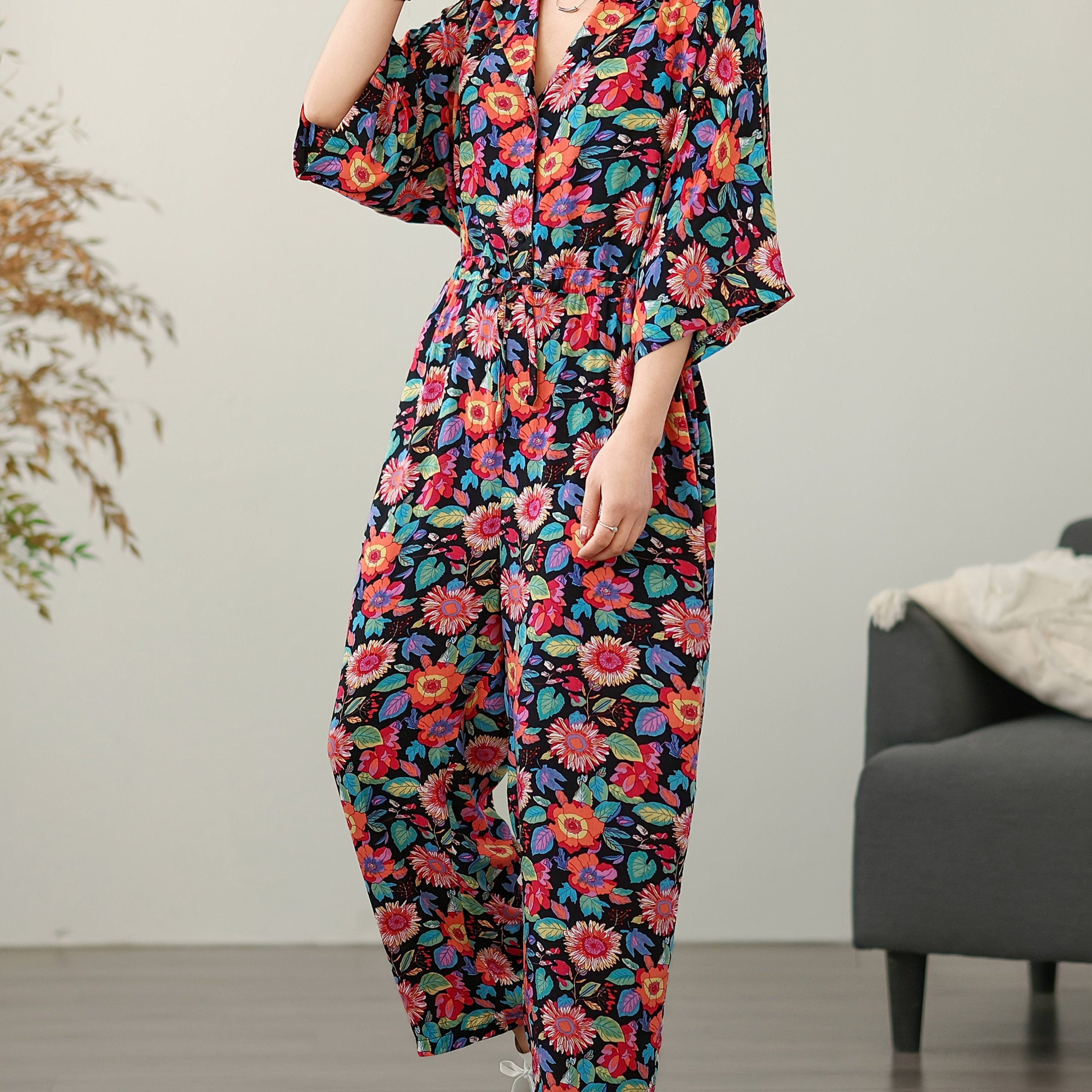 Women's Floral Print Summer Jumpsuit Loose Fit Short Sleeve Casual Dress