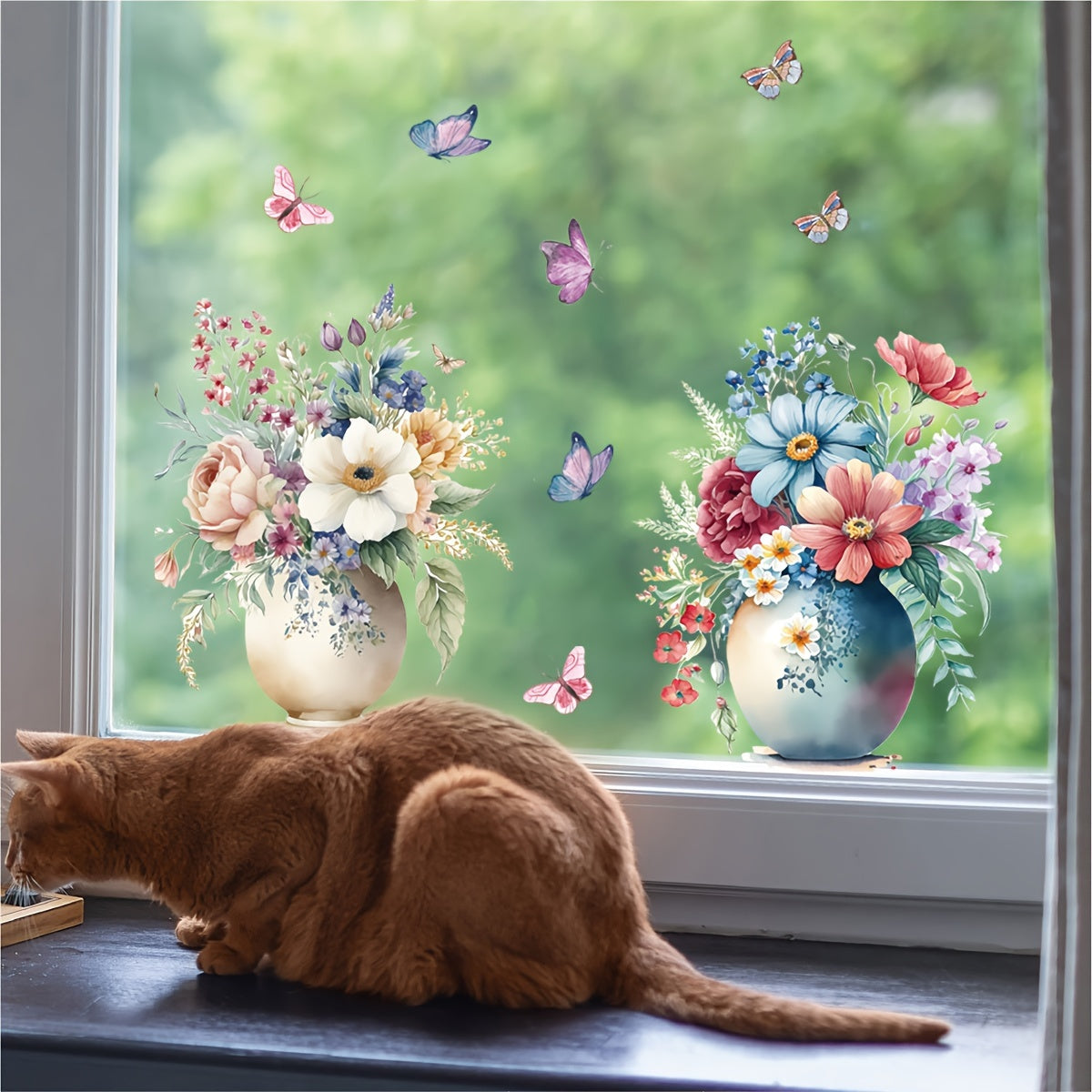 Juego de 2 pegatinas electrostáticas para ventanas con flores en maceta para decoración del hogar en sala de estar y baño