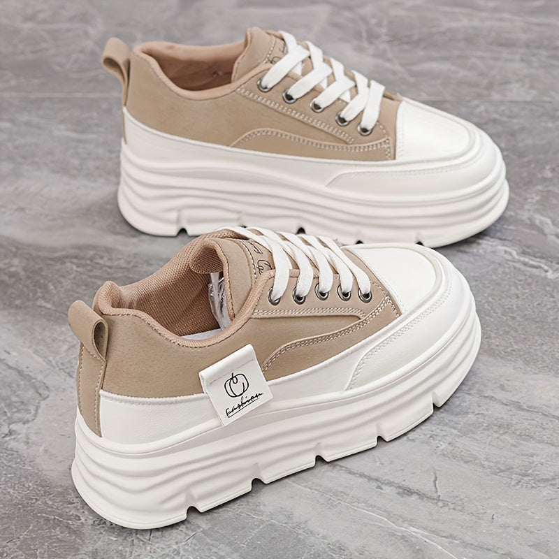 Women's Casual Low-Top Sneakers Thick Rubber Sole Lace-Up White Brown Shoes