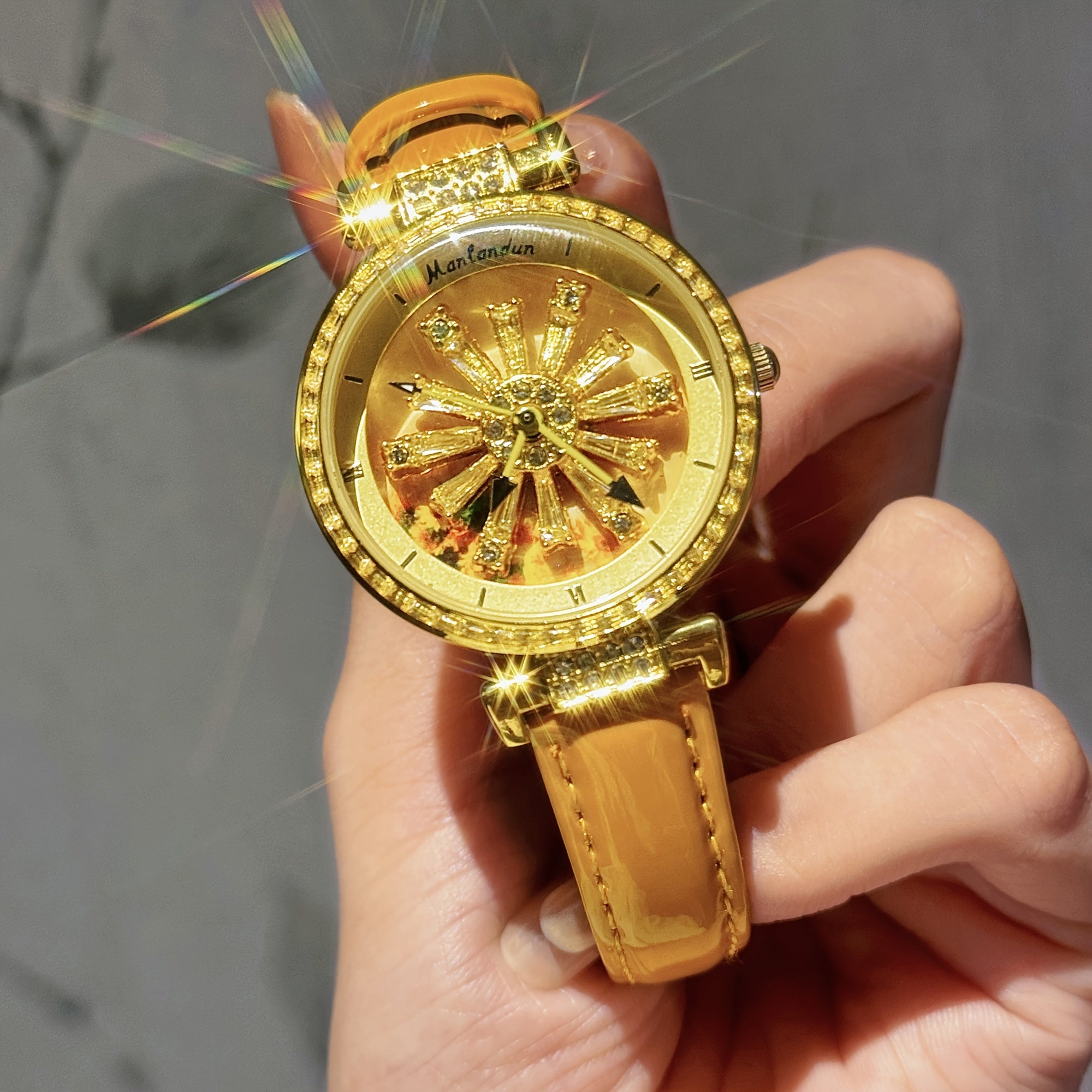 Women's Watch with Transparent Back, Galaxy Dial, Sunflower Design, Rhinestones, Stainless Steel Case, Orange Faux Leather Strap