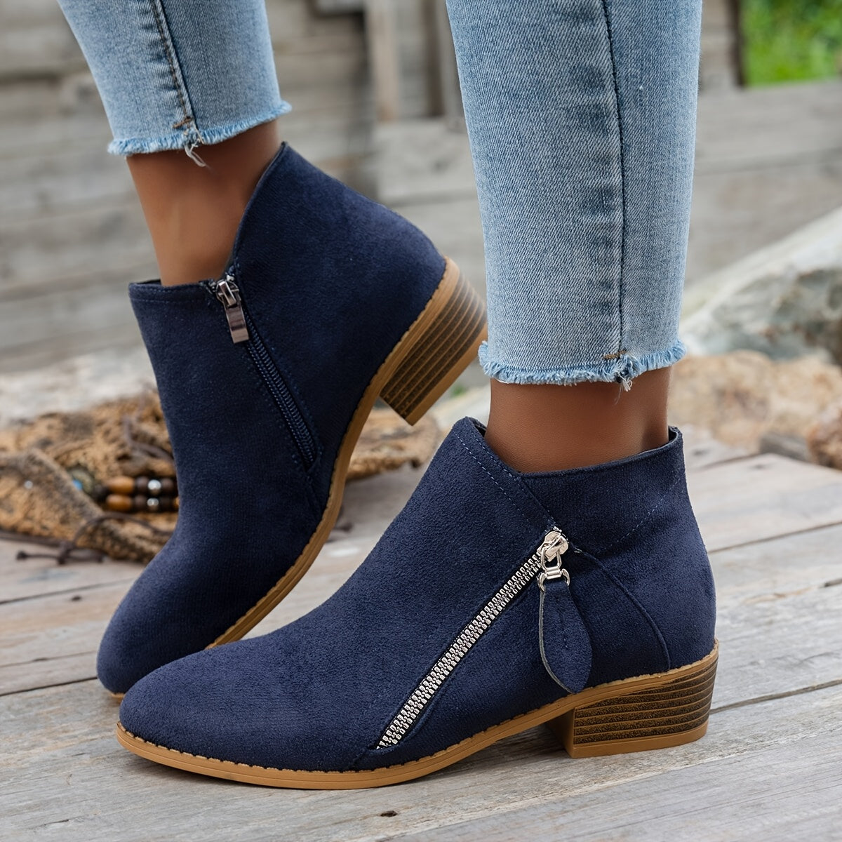 Women's Chunky Heel Ankle Boots Fabric Low Block Zipper Winter Casual