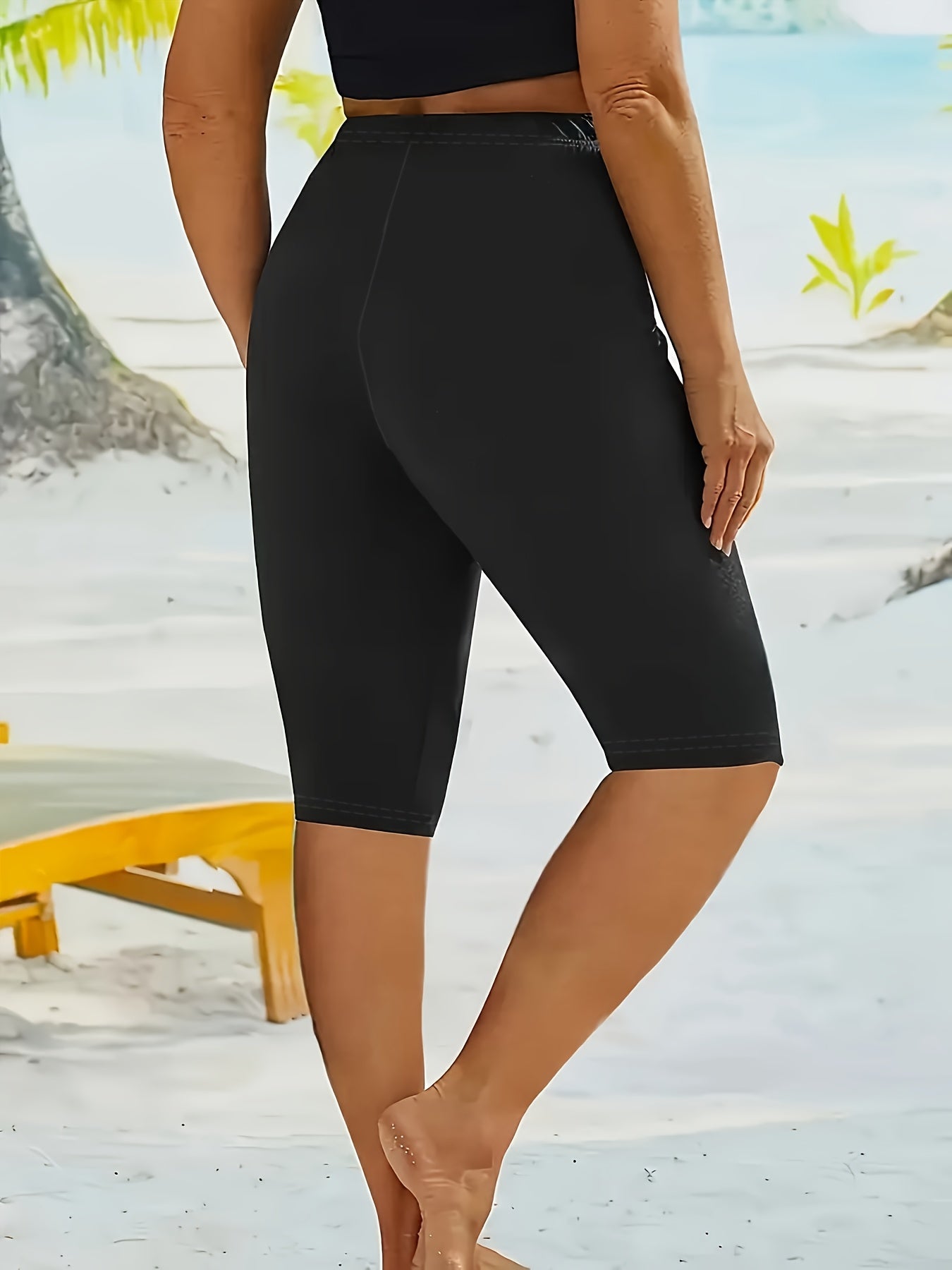 Women's Plus Size High-Waisted Stretch Athletic Shorts Solid Color Mid-Length Breathable