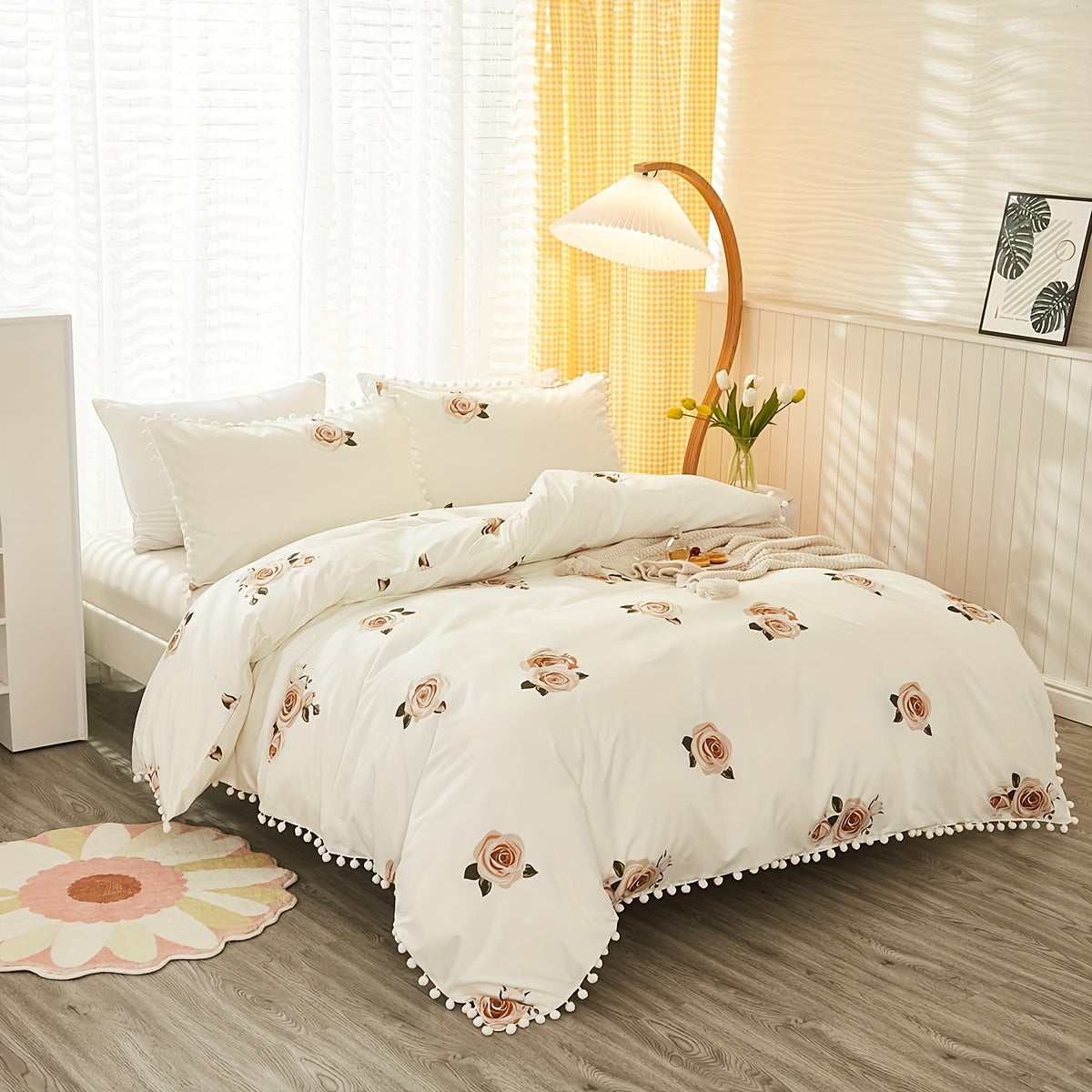 Set of 3 Pastoral Flower Print Duvet Cover Set with Pompom Details Soft Cozy Bedding for Bedroom or Guest Room