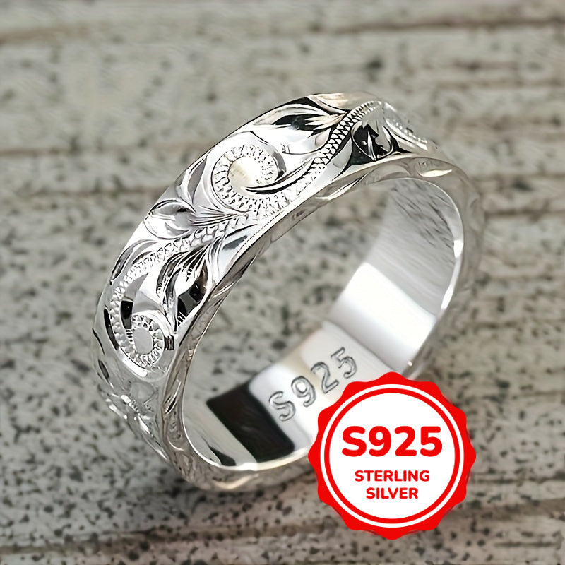 Vintage Bohemian Silver Wide Ring with Carved Leaf and Flower Design for Daily and Party Wear