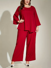 Plus Size Red Ribbed Suit Set with 3/4 Sleeve Top and Wide-Leg Pants for Women