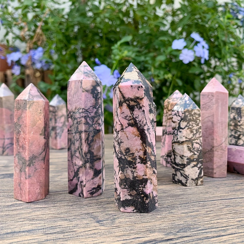 Varita de cristal de rodonita natural con punta de cuarzo facetado para sanación y meditación
