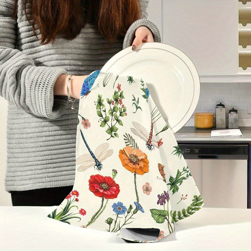 Christmas Summer Flowers Dragonfly Kitchen Dish Towel Green Leaves 45x66 cm Absorbent Reusable