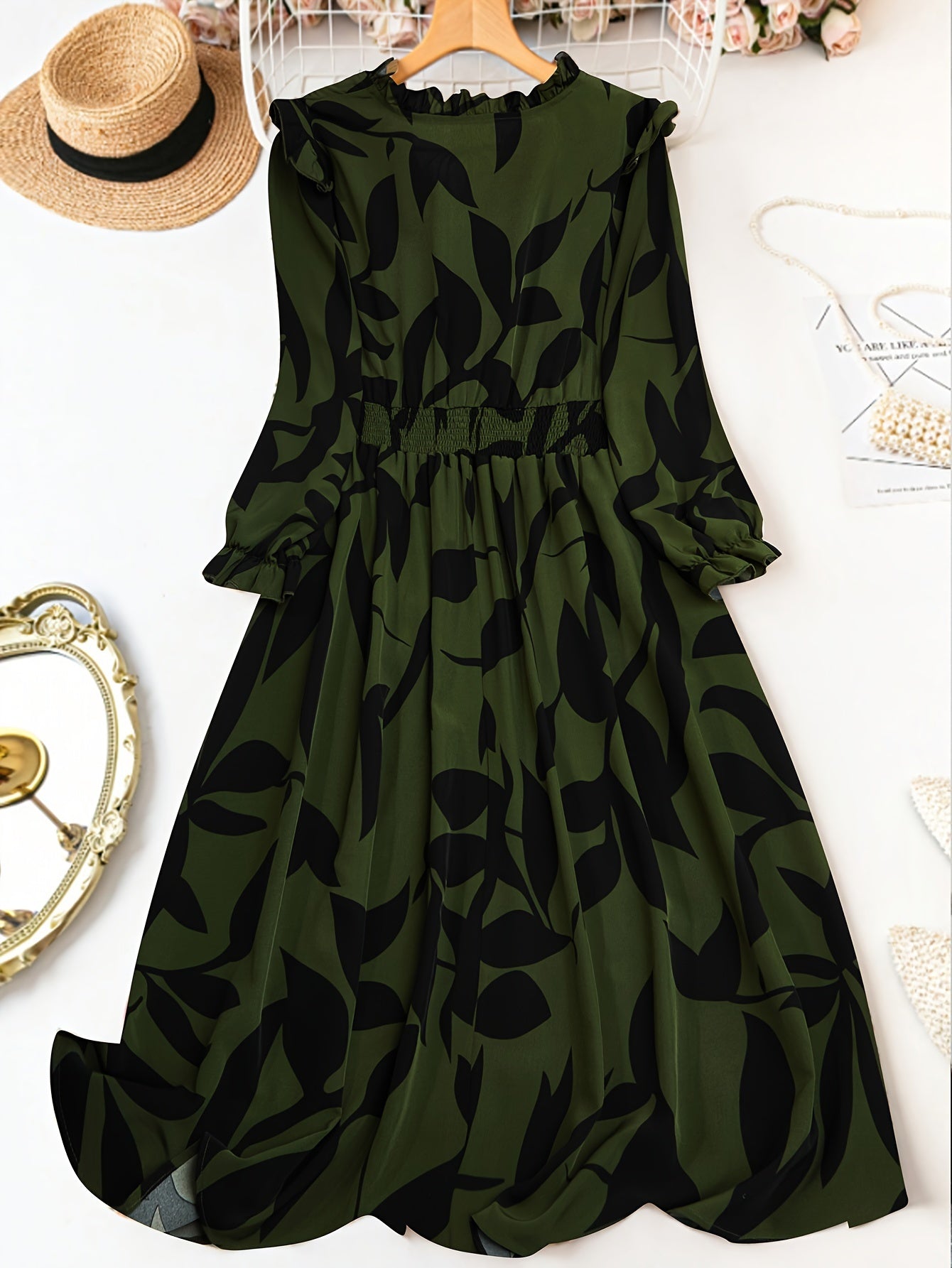 Plus Size V-Neck Dress with Puff Sleeves Pleated Fit and Flare All-Season