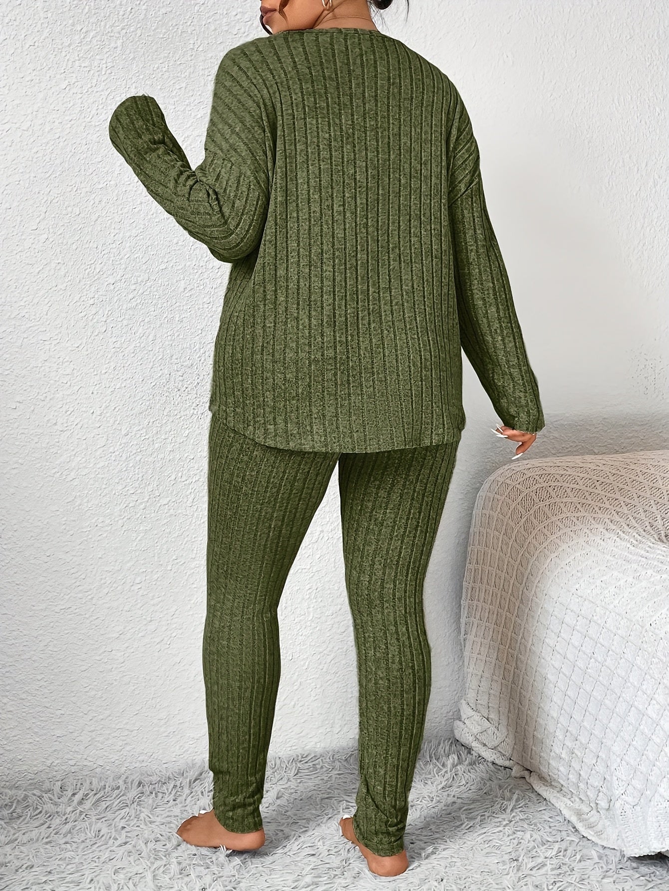 Women Long Sleeve Pajama Set Large Size Warm Slim Fit