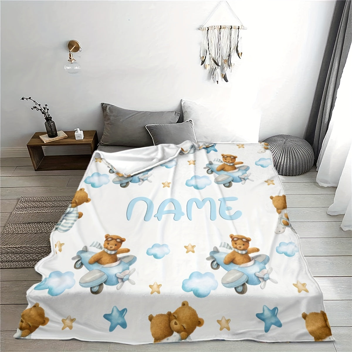 Customizable Flannel Blanket with Bear and Airplane Design for Kids and Adults