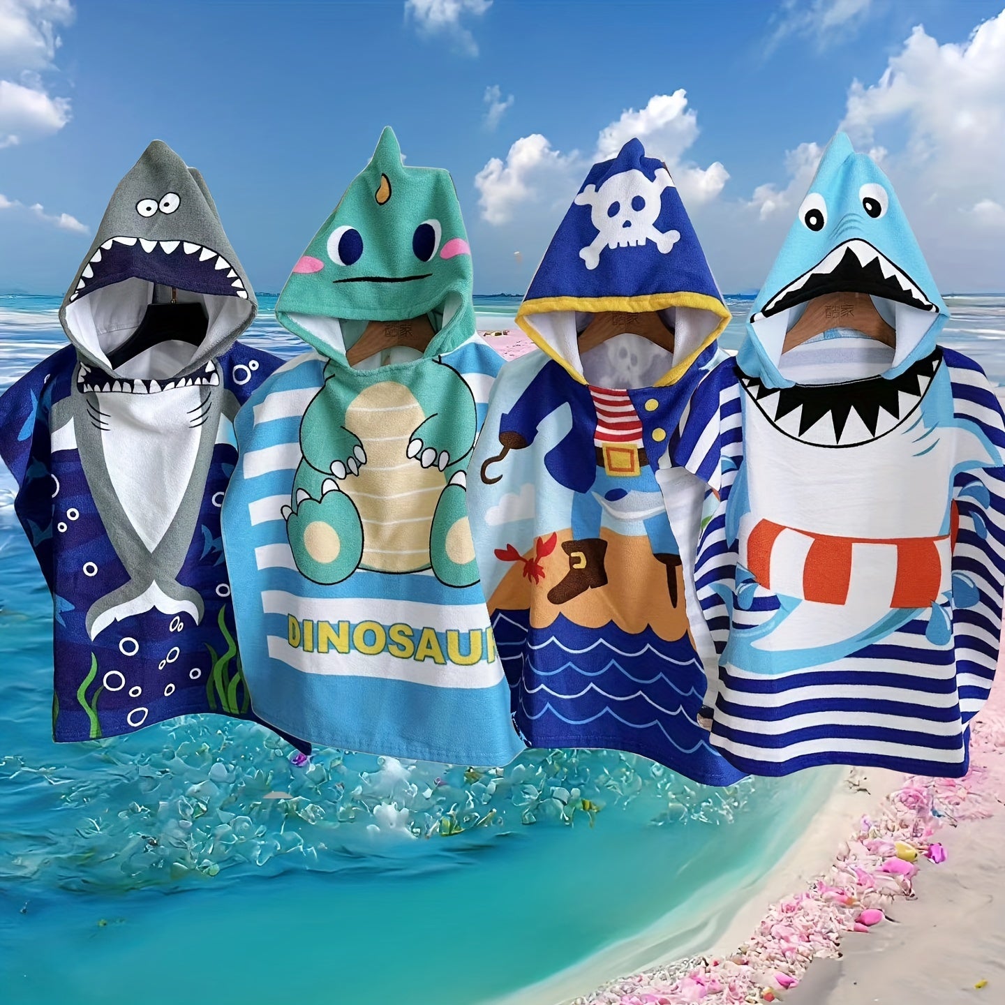 Toalla de playa para niños con dinosaurios y piratas, de punto suave, poliéster de secado rápido, con capucha