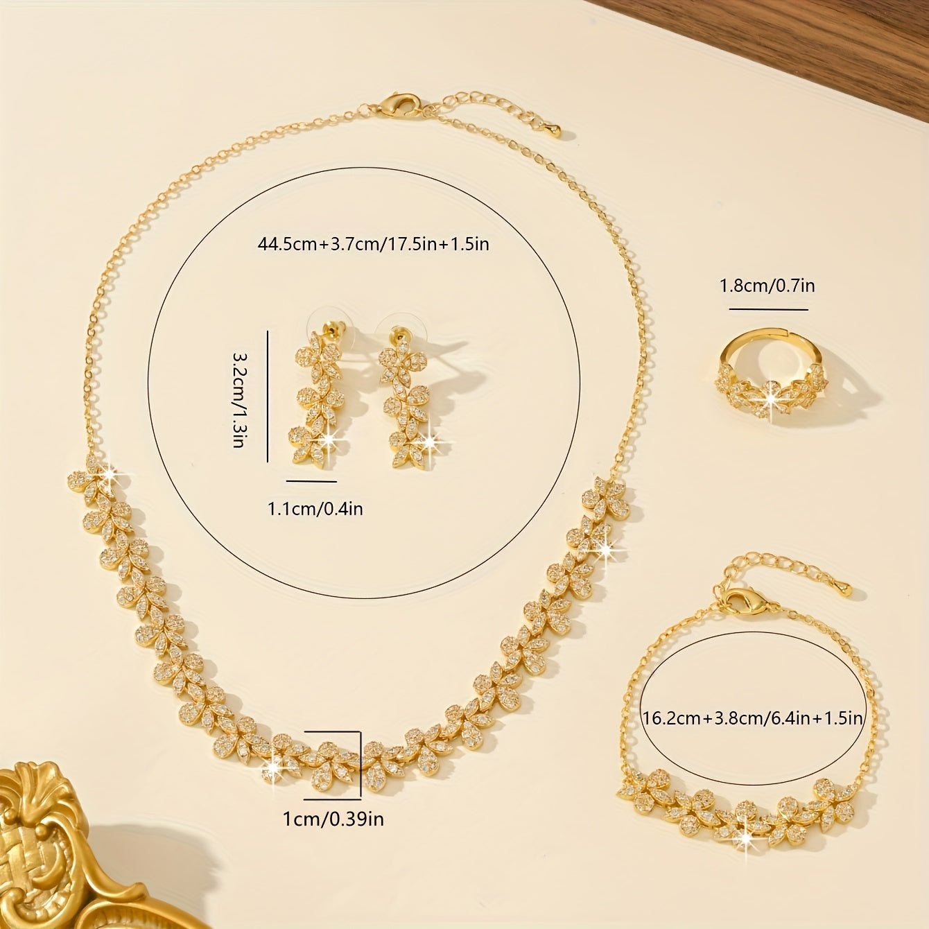 Luxurious Bridal Jewelry Set with Synthetic Zirconia, featuring a Stunning Flower Petal Design in 18K Gold Plating - Includes Necklace, Bracelet, Earrings, and Ring perfect for Wedding and Party Events. Made with Copper Base for utmost quality and