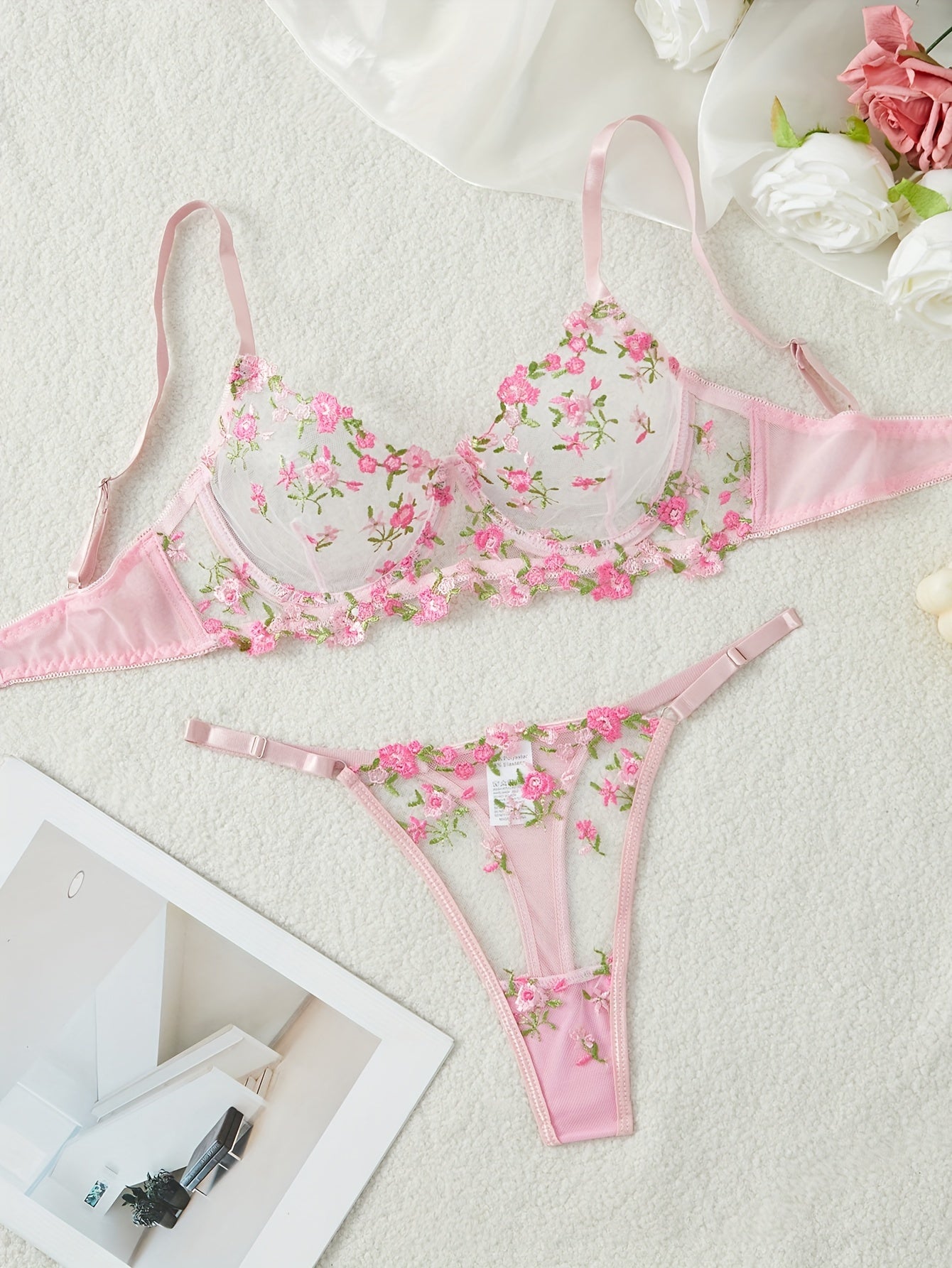 Women's Floral Embroidered Lingerie Set with Semi-Sheer Mesh Bra and Thong