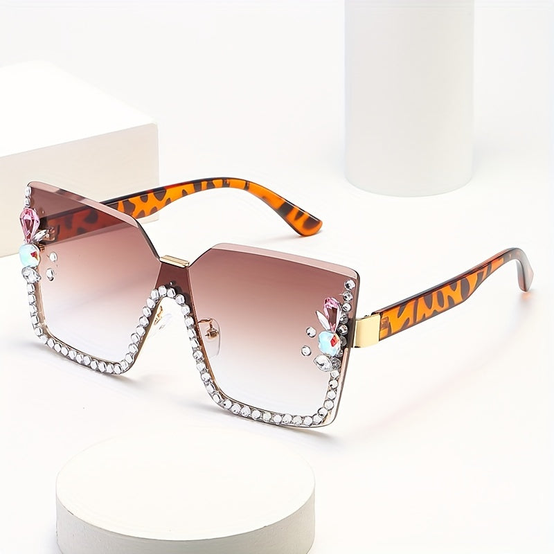 Large Square Rimless Sunglasses with Rhinestones and Gradient Lenses for Women