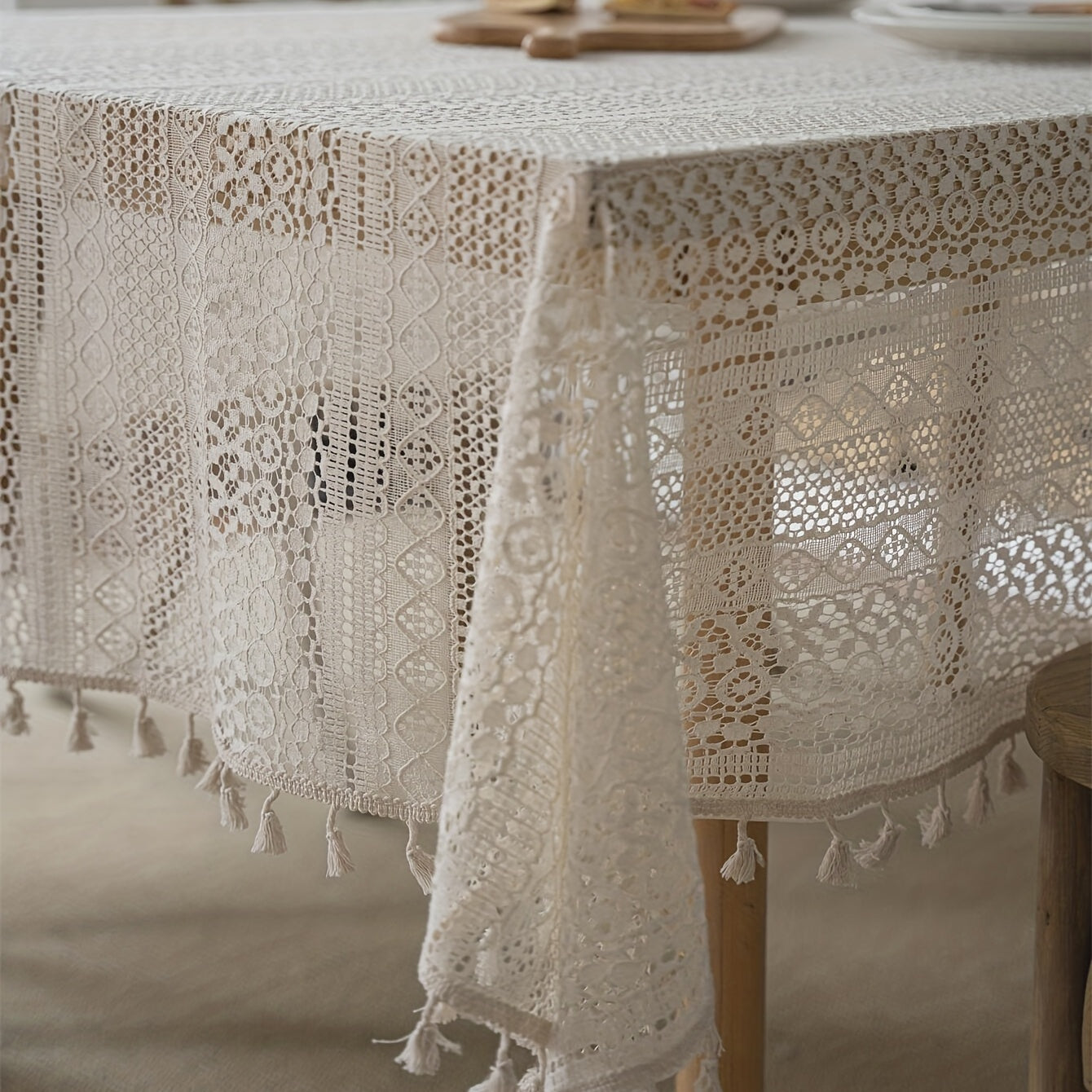 Bohemian Crochet Lace Rectangular Tablecloth for Dining and Parties Polyester Farmhouse Style