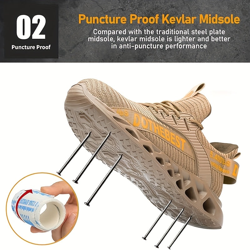 Women'S Plus Size Safety Sneakers Breathable Knit Beige Steel Toe Anti-Puncture