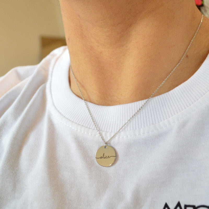 Gold Plated Stainless Steel Necklace with Custom Name Engraving and Round Pendant for Women
