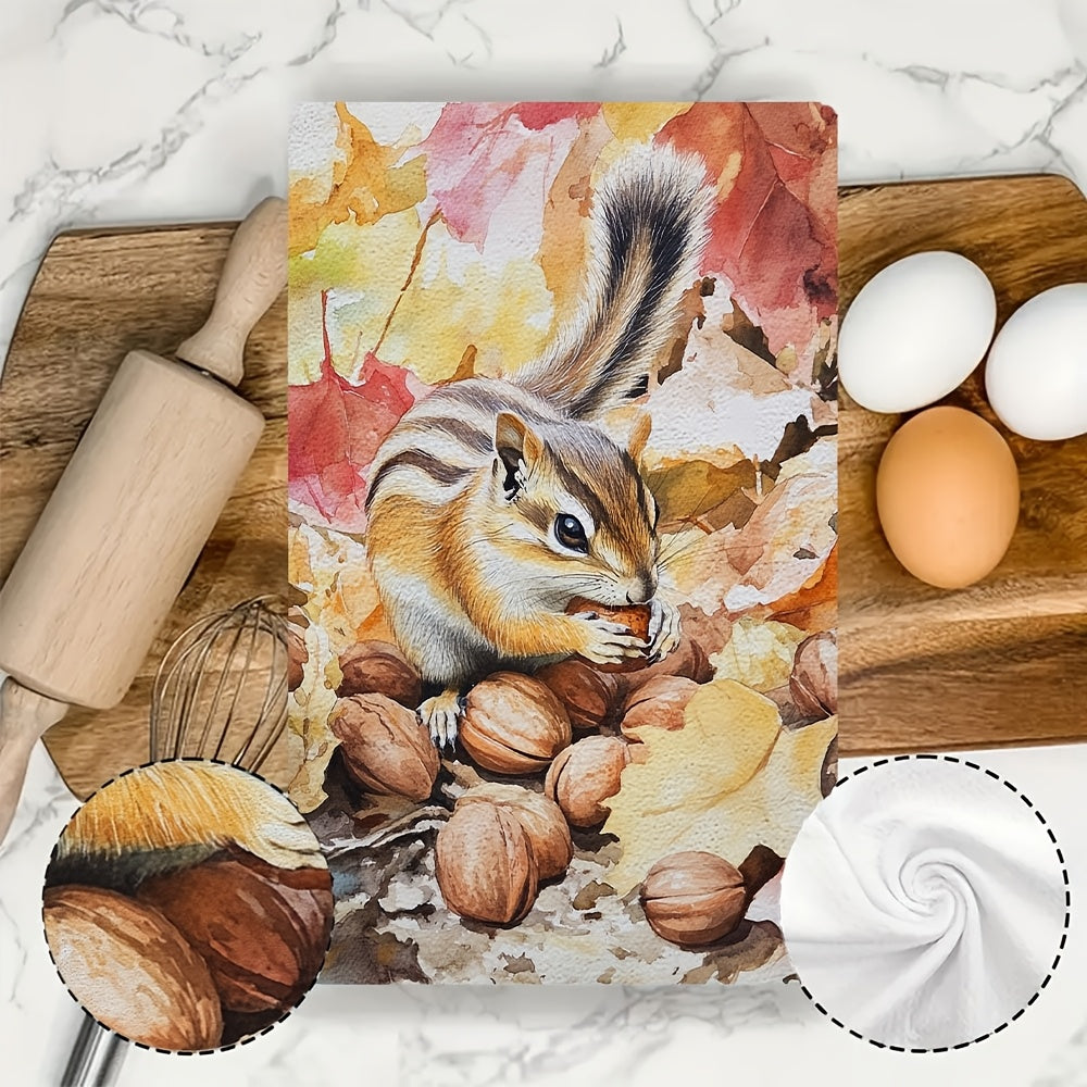 Set of 2 Ultra Soft Kitchen Towels with Chipmunk and Autumn Nuts Design, 40x60 cm