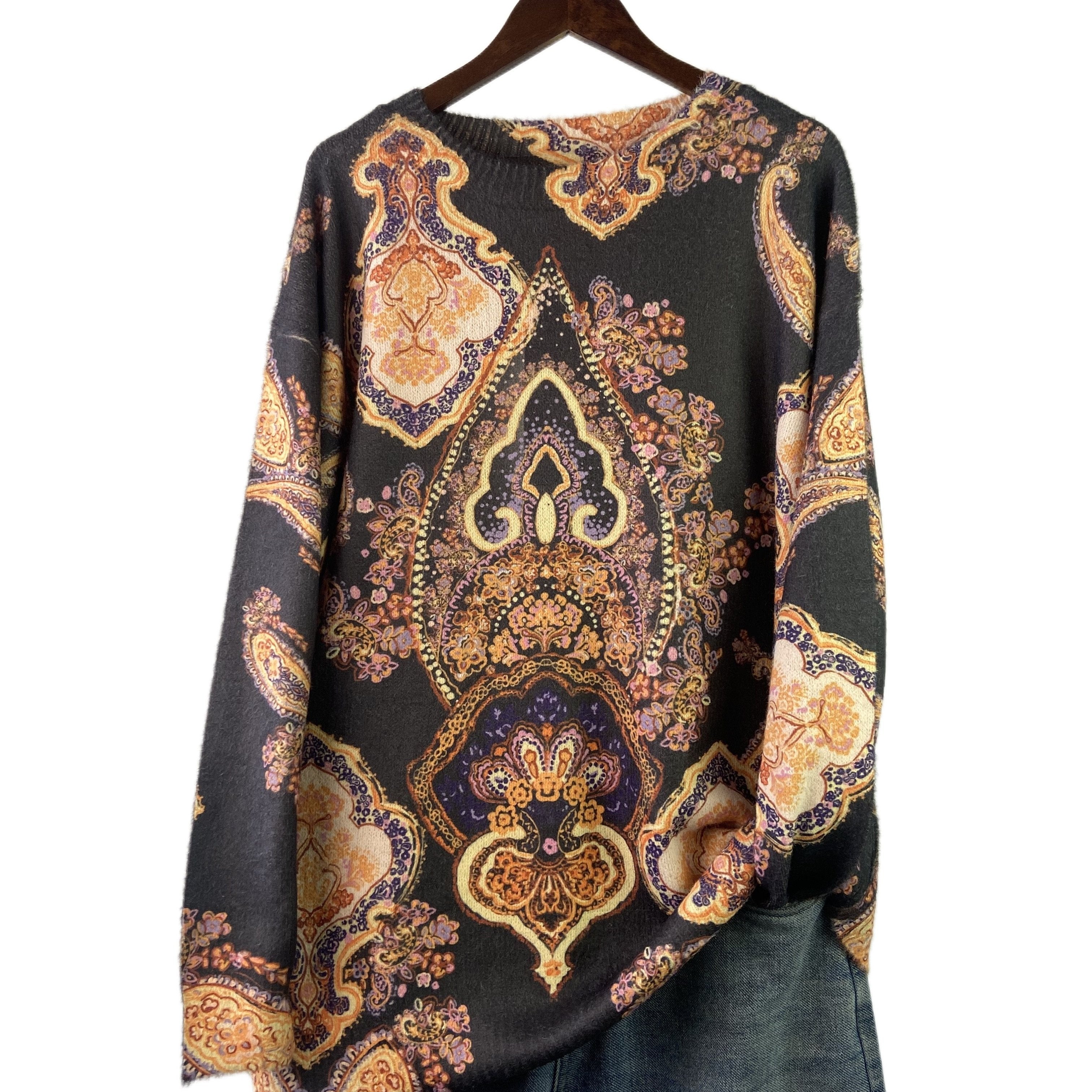 Gul naqshli katta o'lchamdagi sviter kuz va qish uchun, ayollar uchun tasodifiy uzun qo'lqopli krujka uslubi