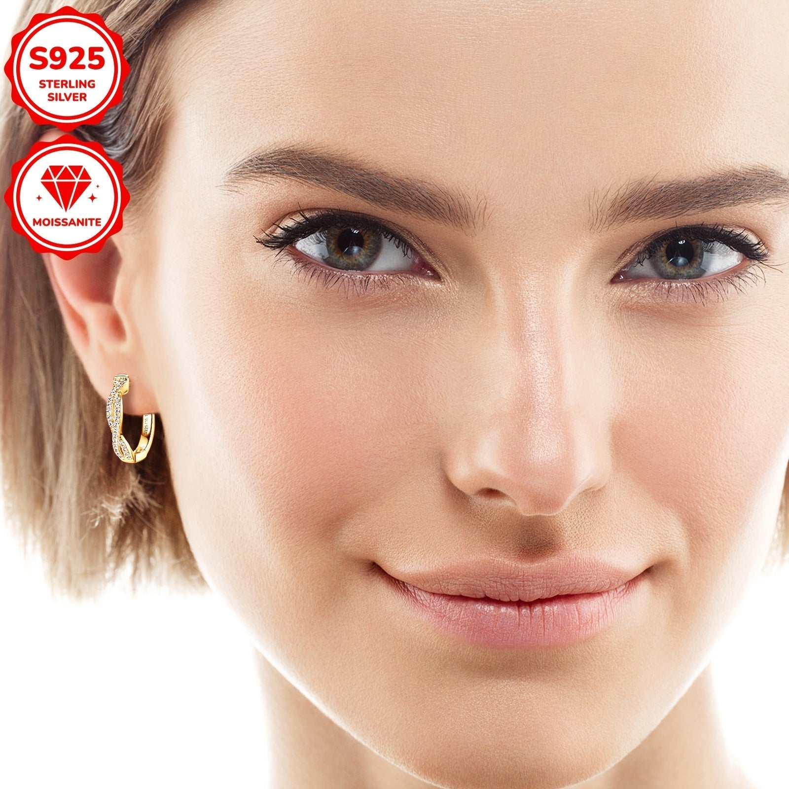 Women's Silver Hoop Earrings with Moissanite Stones 3.29g 52pcs 0.13ct Twist Design