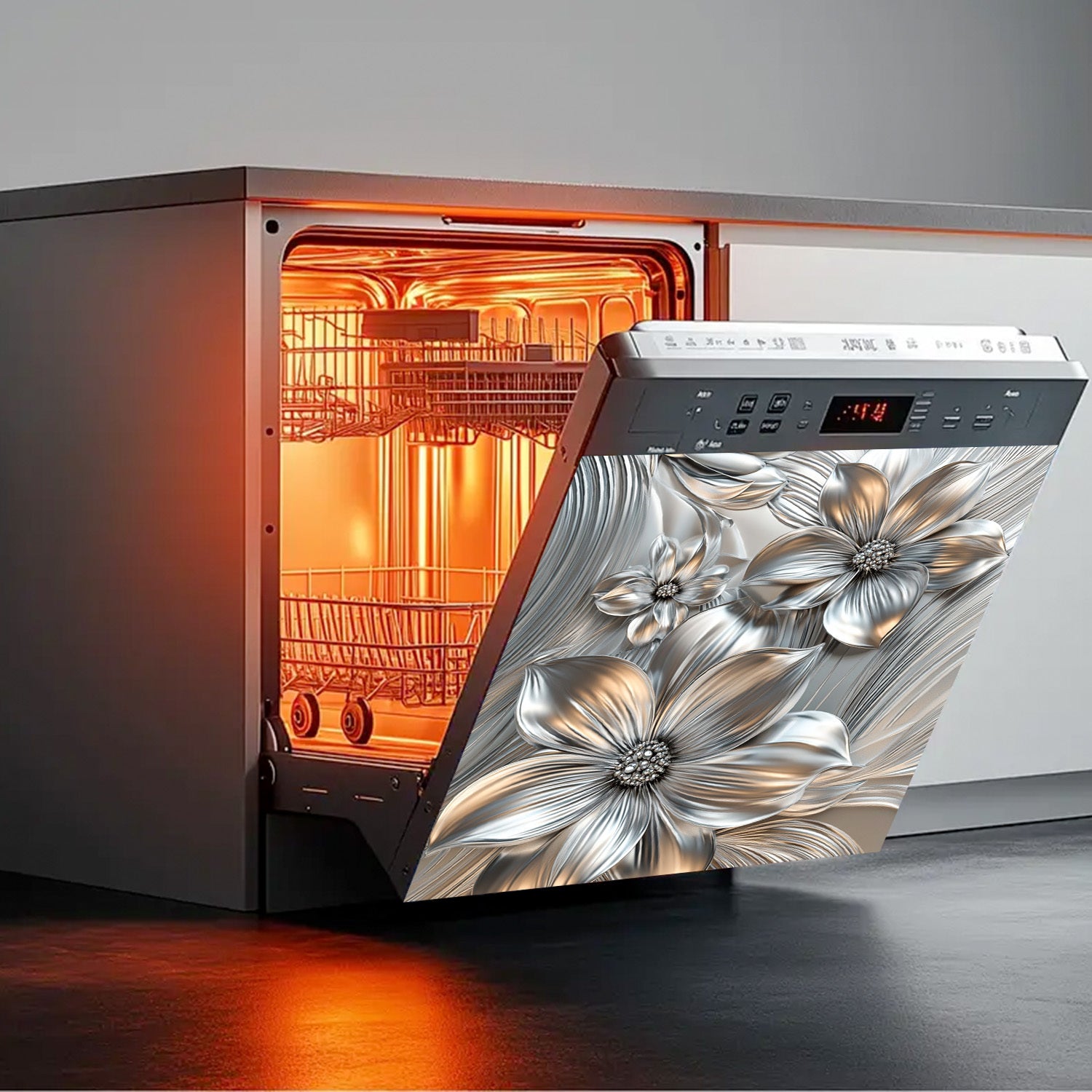 Dishwasher Magnet Cover Silver Floral Waterproof Heat-Resistant Easy to Clean Kitchen Decor Sticker