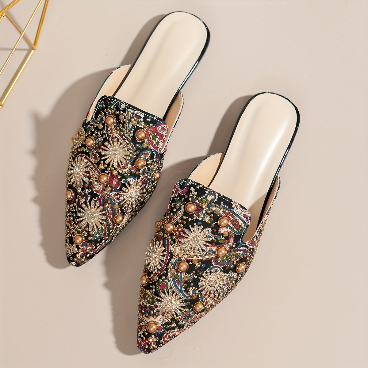 Women's Slide Sandals Pointed Toe Star Pattern Flat Slip-On Summer Fabric