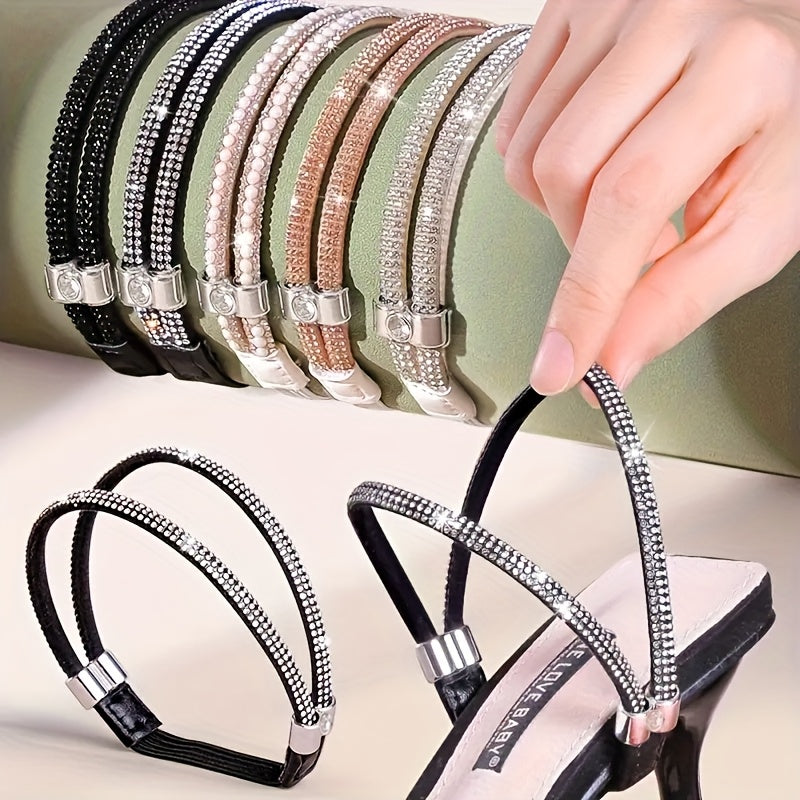 Women Rhinestone Heel Clips Elastic Faux Leather Non-Slip Laces 2 Pairs