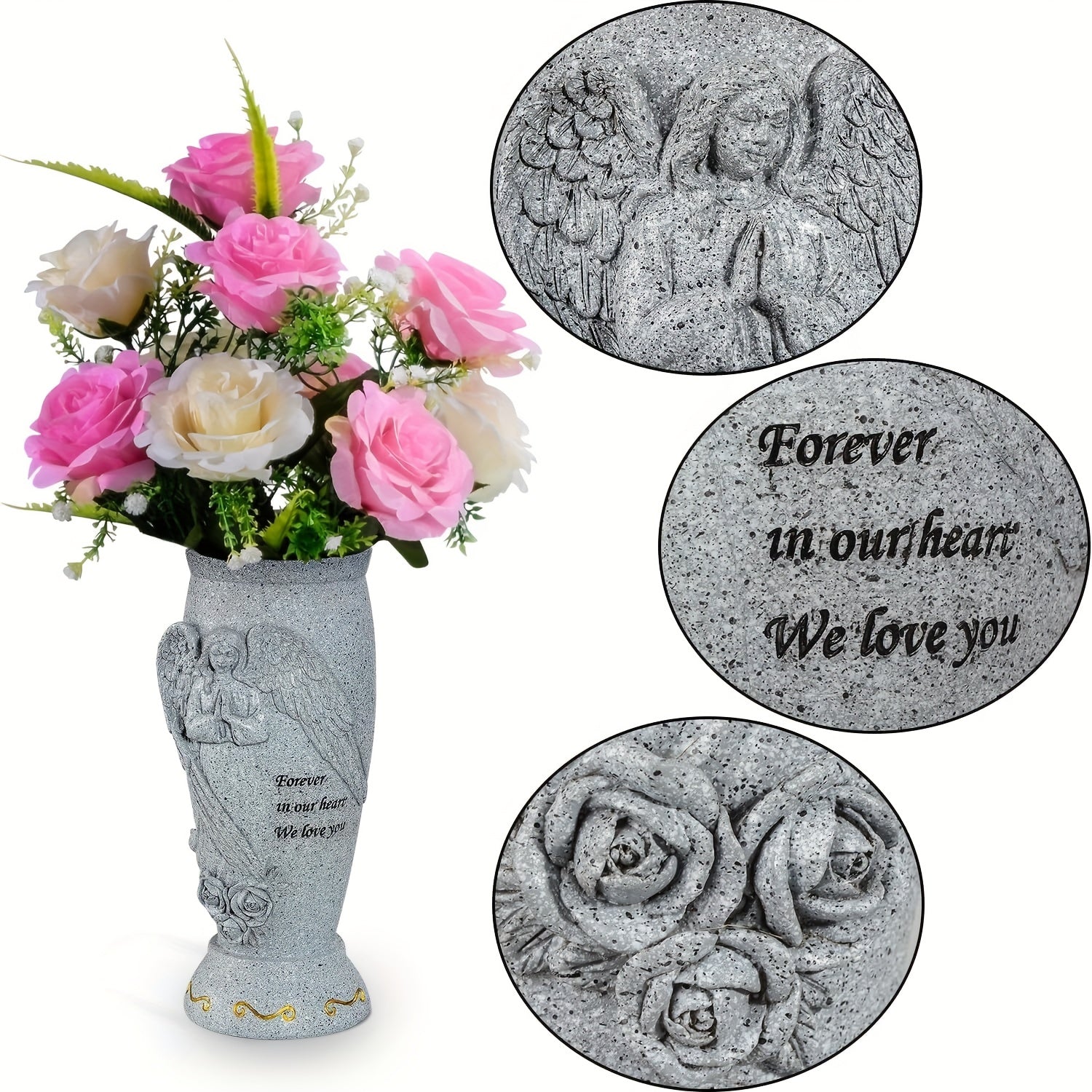 Angel Memorial Cemetery Vase with Ground Spikes for Flowers Engraved Forever in Our Heart