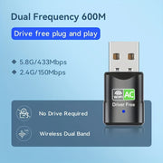 Wireless Dual Band USB Network Adapter 600Mbps Driver-Free Plug and Play