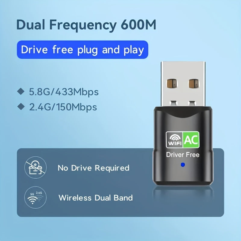 Wireless Dual Band USB Network Adapter 600Mbps Driver-Free Plug and Play