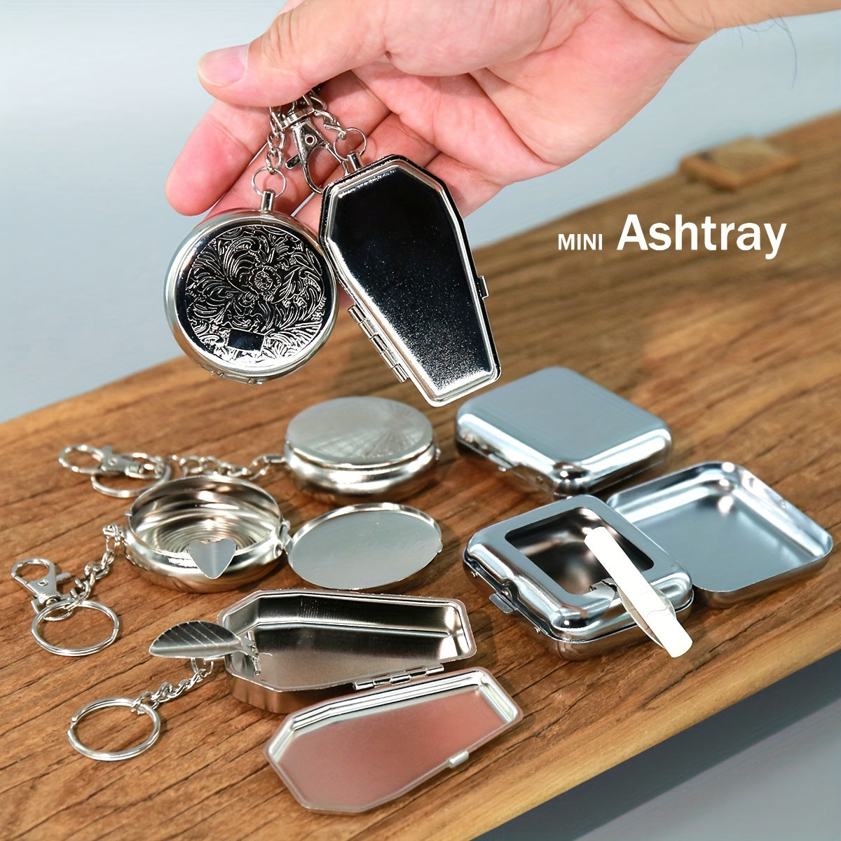 Unisex Stainless Steel Keychain Ashtray Glossy Chrysanthemum Sun Pattern