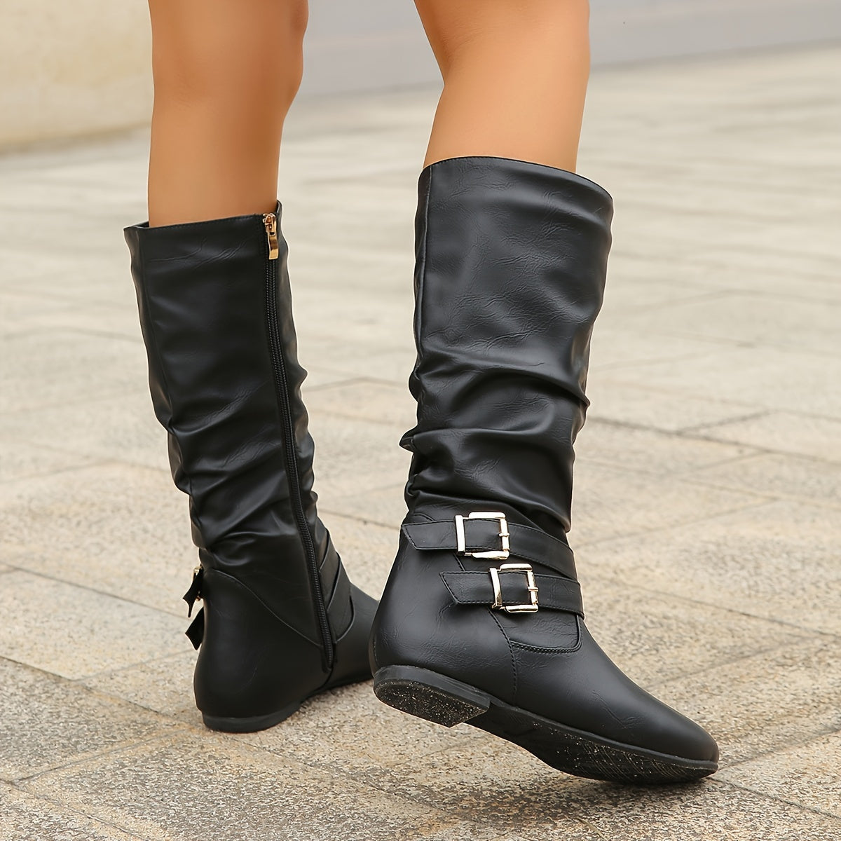 Women's Casual Leather Boots With Side Zipper and Round Toe
