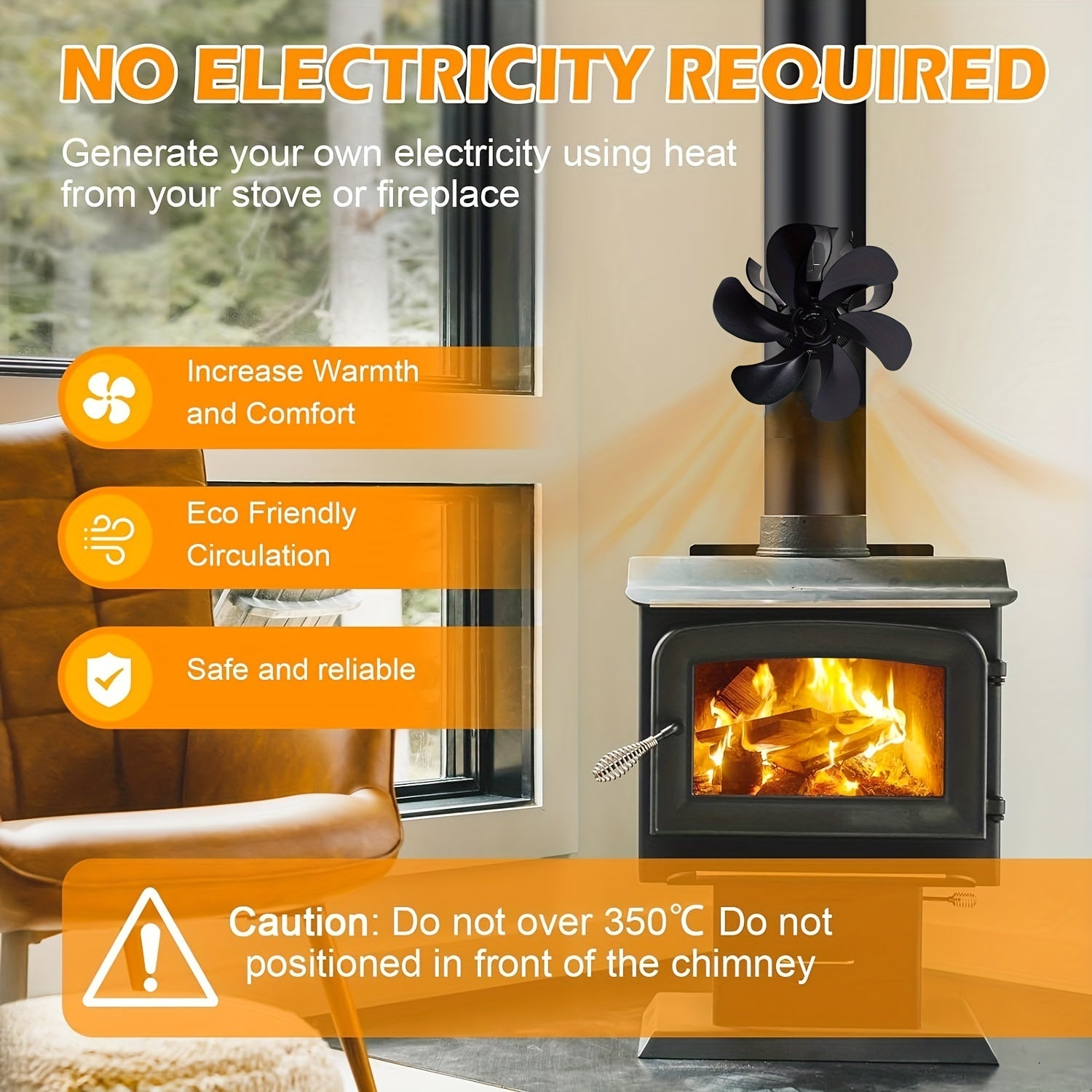 Polished Aluminum 6-Blade Stove Fan Heat Powered Fireplace Ventilation