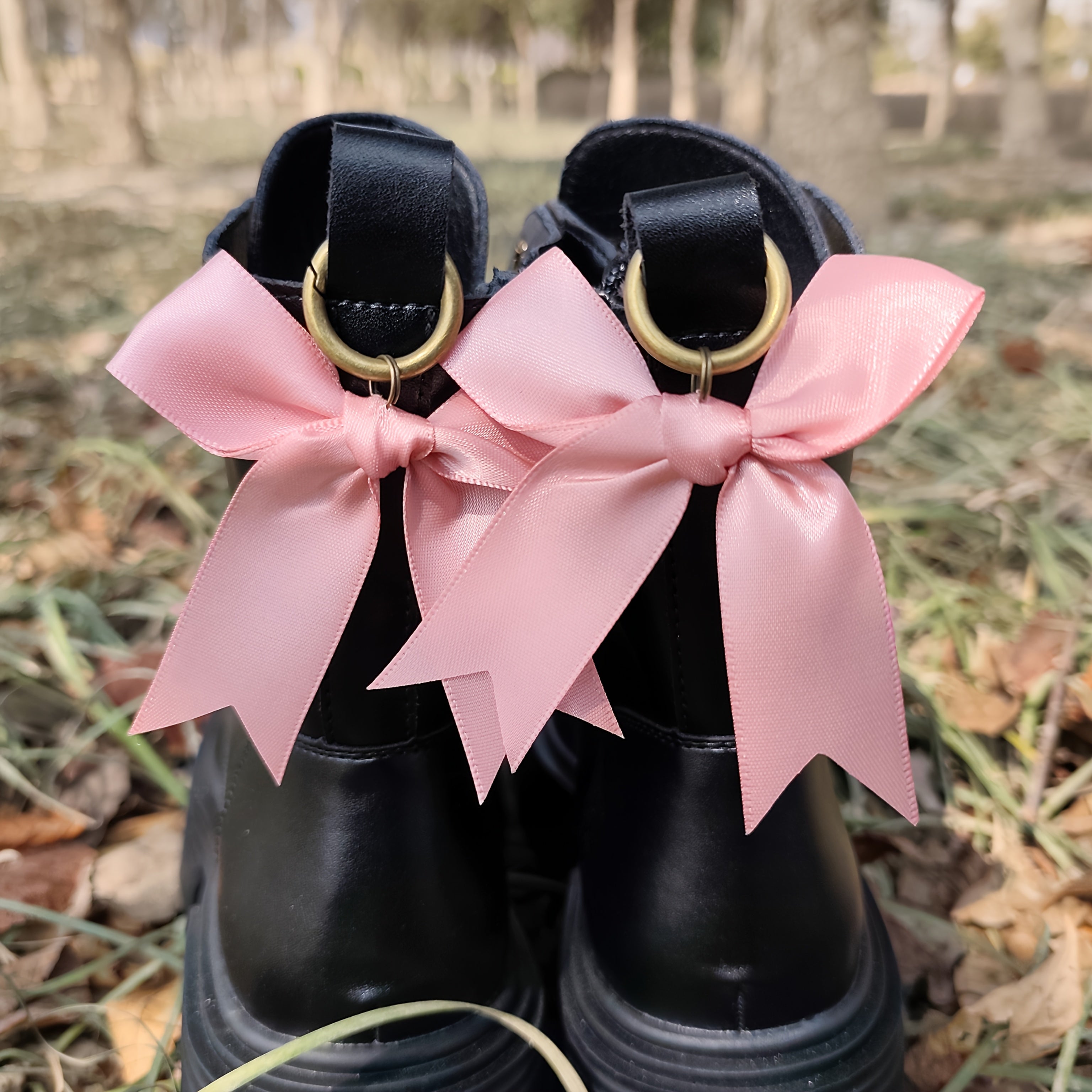 Women Girls Black Pink Satin Bow Shoe Charms Footwear Accessories 2 Pcs