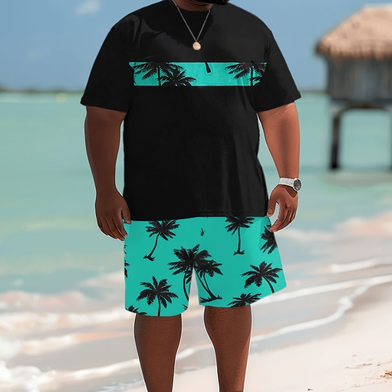Plus Size Men's Casual Set Short-Sleeve T-Shirt and Shorts for Summer Beach