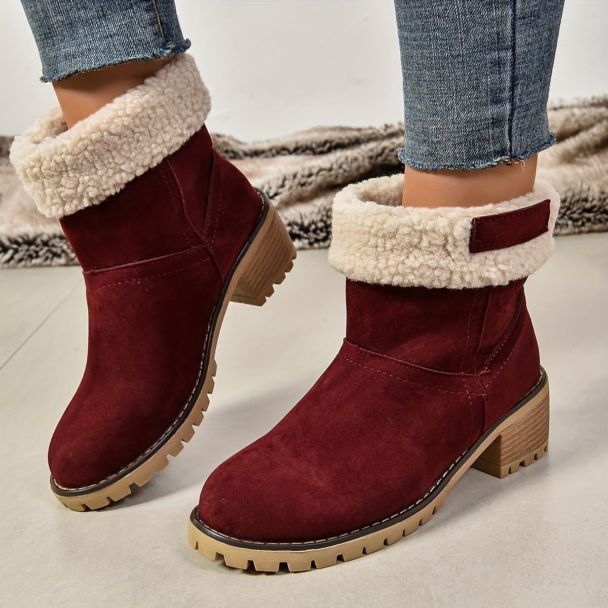 Women's Plush-Lined Chunky Heel Ankle Boots Solid Color Slip-On Winter Booties