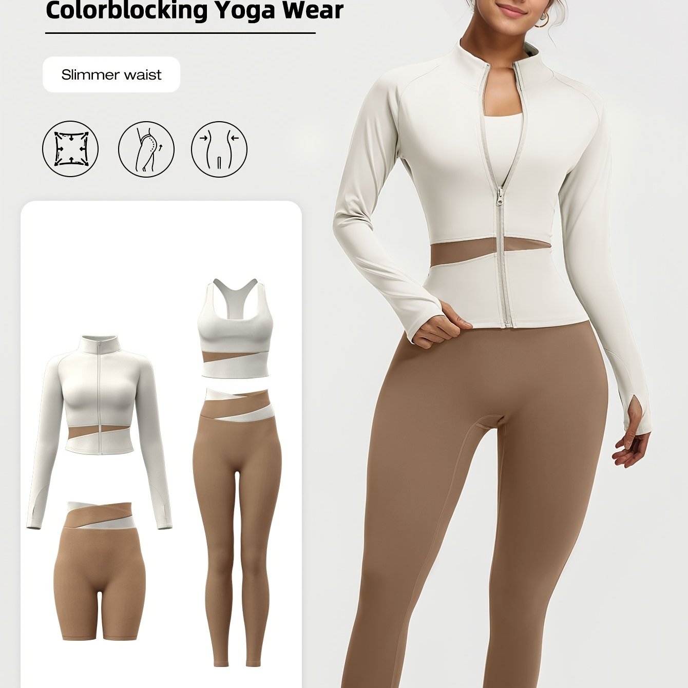 Ayollar uchun 4 qismli yoga mashg'ulotlari to'plami, zipli kurtka, leggings va sport brassisi, yugurish va fitnes uchun Yevropa o'lchovlarida.