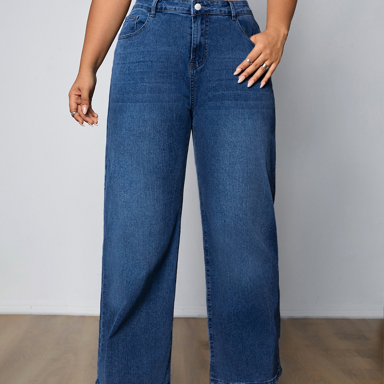 Plus Size Women's High-Rise Washed Blue Straight Leg Jeans with Button Fly and Medium Stretch
