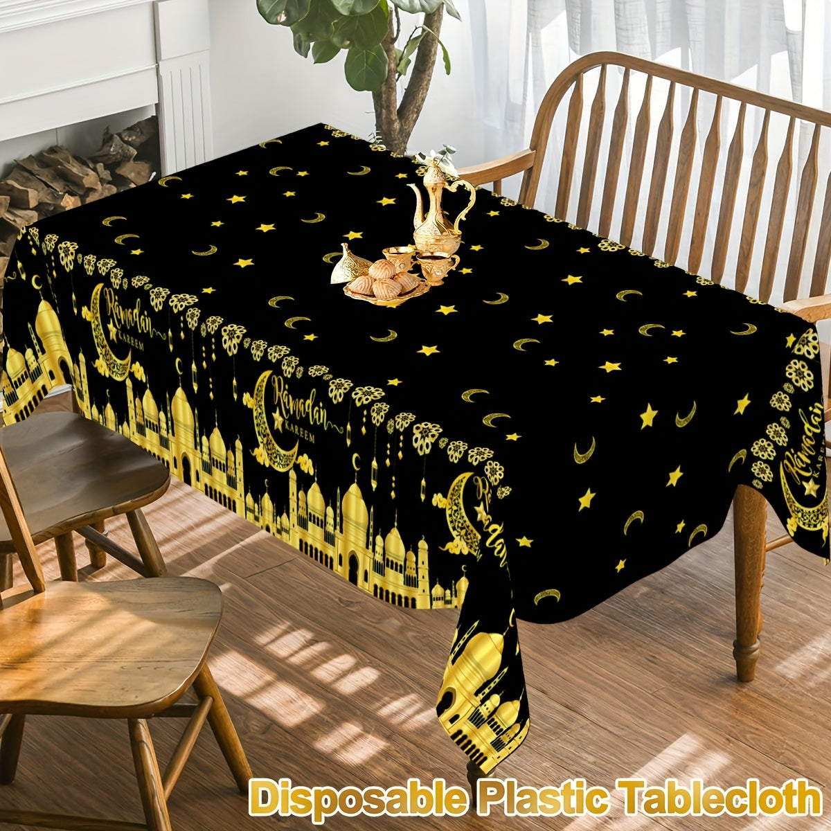 Black and White Plastic Eid Mubarak Tablecloth with Castle Moon and Star Lantern Design for Ramadan and Eid