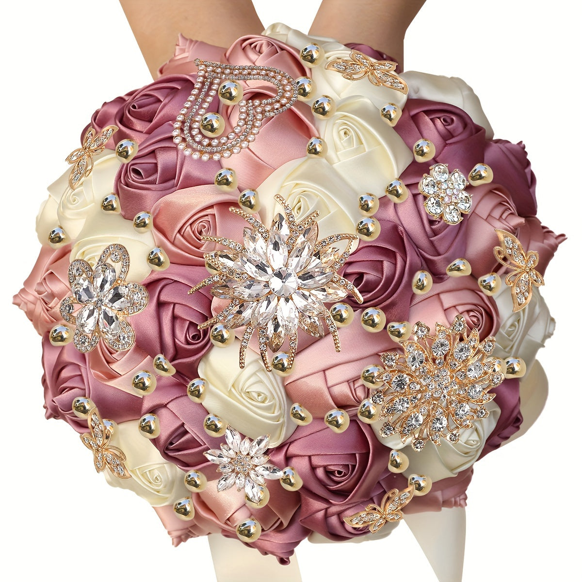Qoʻlda tayyorlangan güllü toʻylik buketi, satinning gullari, rhinestonelar, marjon bezaklari, toʻy sovgʻasi