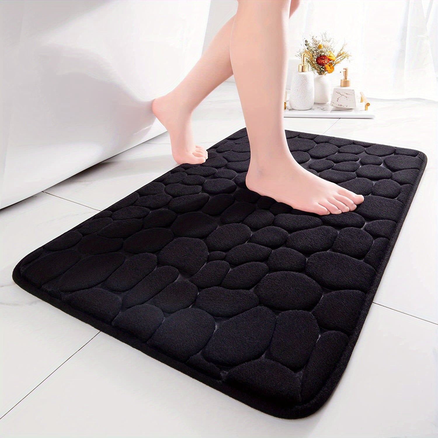 Alfombra de baño de espuma viscoelástica antideslizante, absorbente de agua, con relieve de piedra de río para baño, cocina y dormitorio