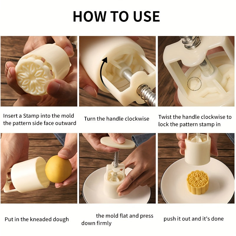 Flower Moon Cake Mold Set with 1 Mold and 4 Stamps for Mid Autumn Pastries