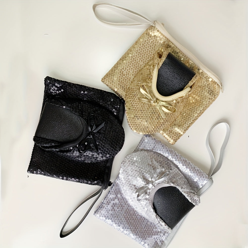 Women's Foldable Portable Travel Ballet Flat Shoes With Sequins and Pouch