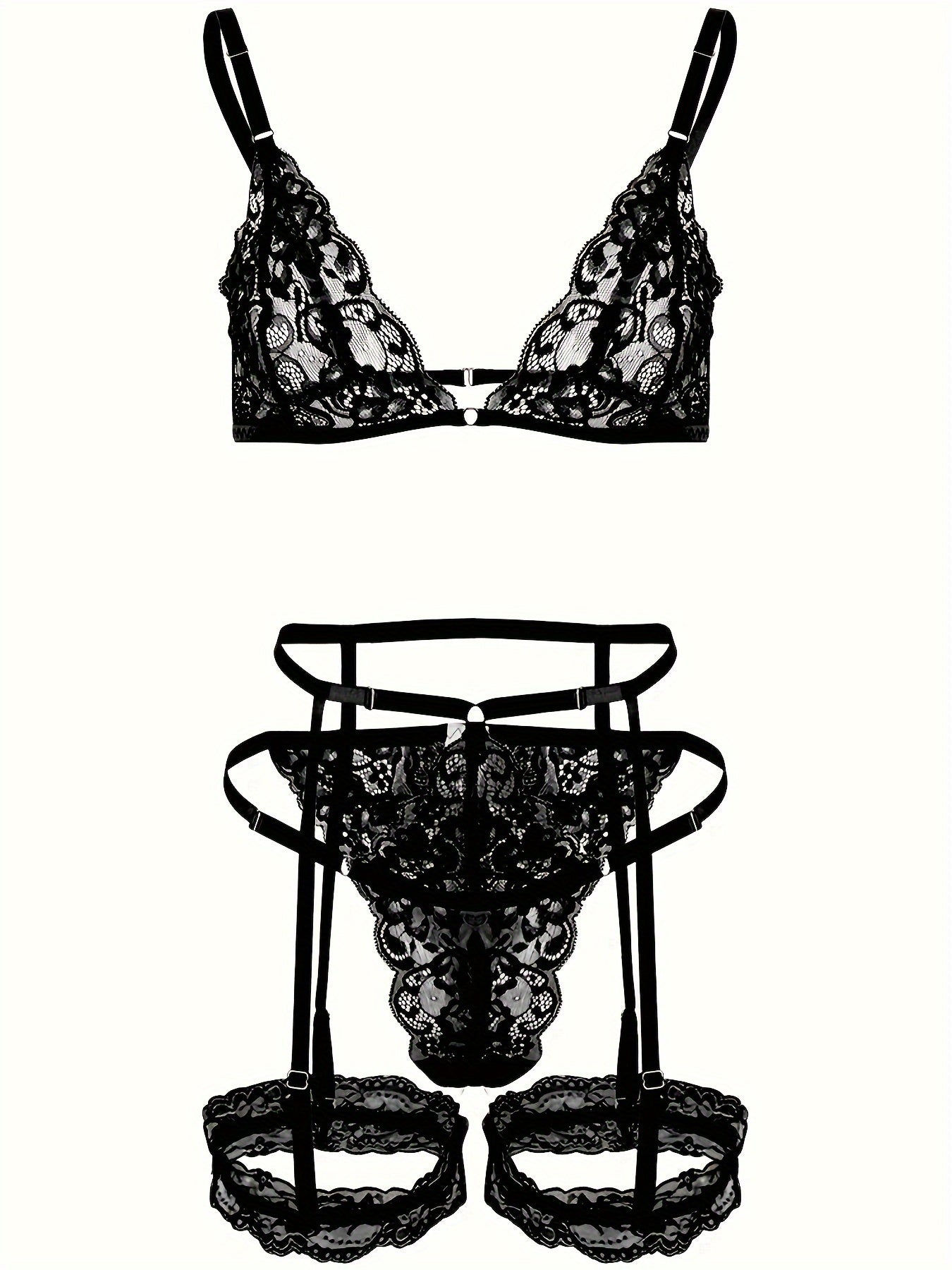 Sexy Lingerie Set with Lace Triangle Cup Bra, Panties, Suspender Socks, and Seduction Ring