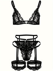 Sexy Lingerie Set with Lace Triangle Cup Bra, Panties, Suspender Socks, and Seduction Ring