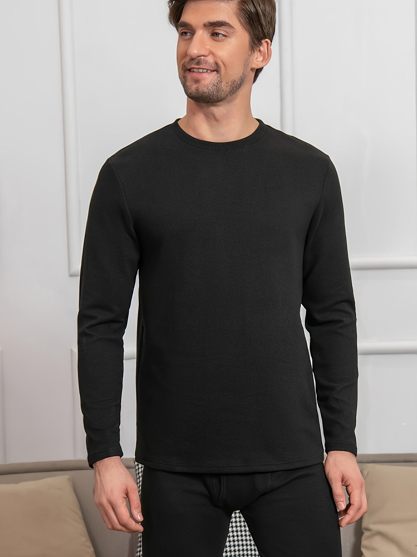 Men's Thermal Underwear Top High Elastic Warm Knit Fabric Fall Winter Solid Color