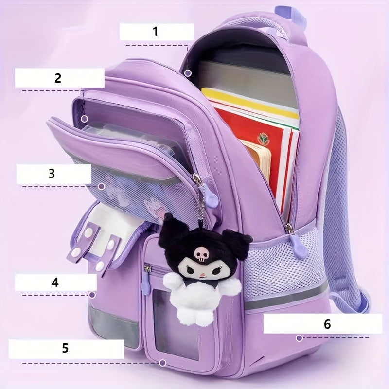 Sanrio Kuromi ruksak, sozlanadigan kamarlar, zip yopilishi va katta sig'imi bilan.