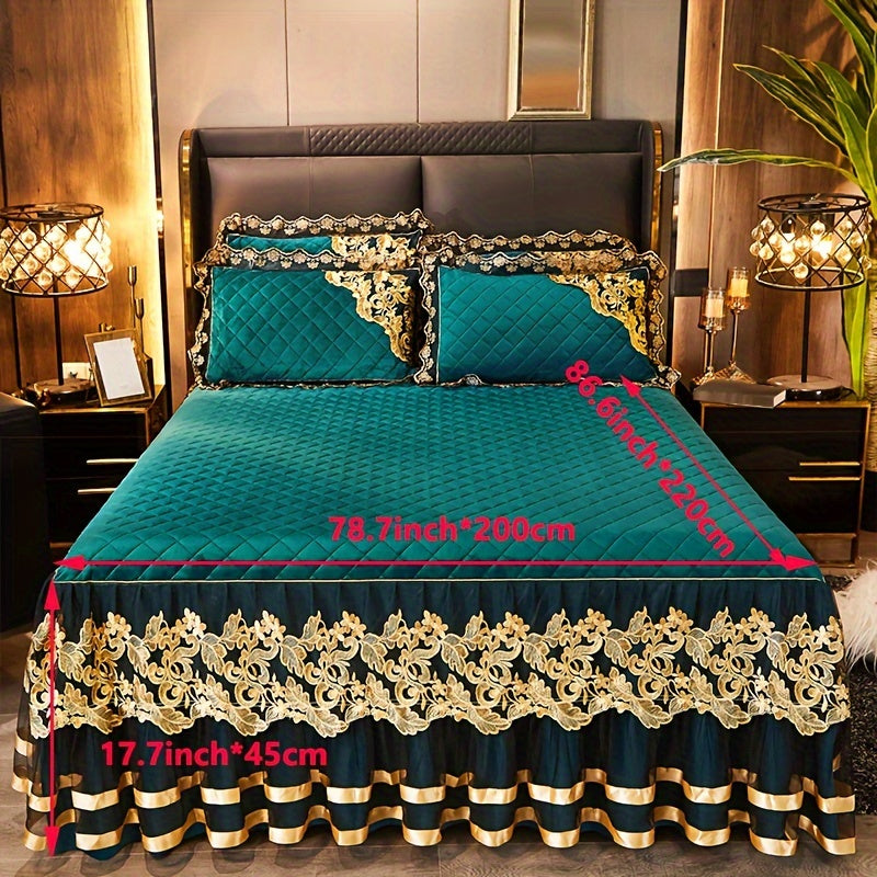 Solid Color Bed Skirt and Pillowcase Set with Lace Detail Quilted Ruffled Design