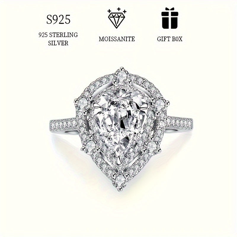 Women's Double Layer Silver Ring with Pear Moissanite 2ct Engagement Wedding Gift